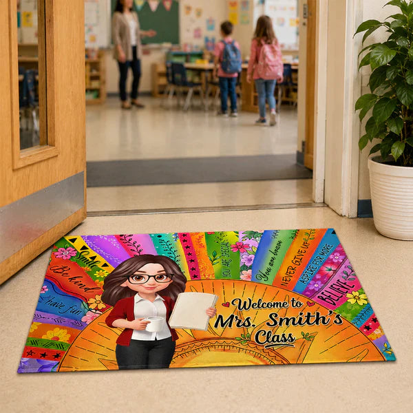 Personalized Teacher Classroom Doormat, Boho Sun Cartoon Teacher Holding Notebook, Unique Gift for Entryway