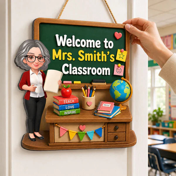 Personalized Wooden Sign with Standing Cartoon Teacher, Green Board Classroom Decor, Unique Teacher Gift
