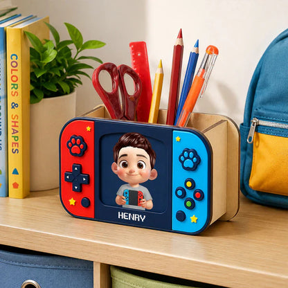 Personalized Wooden Pen Holder, Cute Gamer Boy Holding Controller, Unique Back To School Gift For Kids