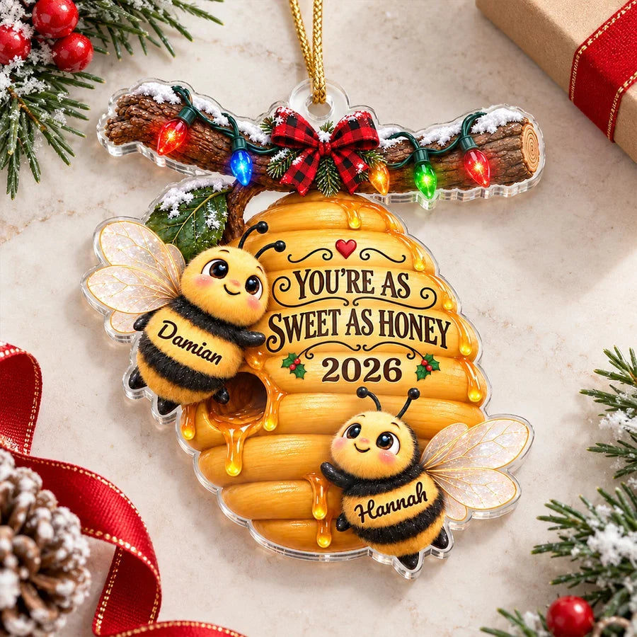 Personalized Acrylic Ornament with Cute Bee Couple and Hive, Unique Christmas Gift for Couples