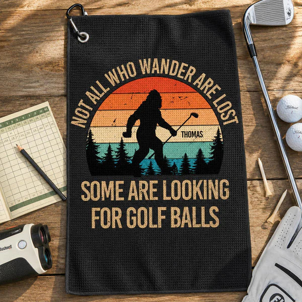 Personalized Waffle Weave Golf Towel with Bigfoot on the Course, Unique Gift for Dad or Grandpa