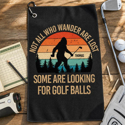 Personalized Waffle Weave Golf Towel with Bigfoot on the Course, Unique Gift for Dad or Grandpa