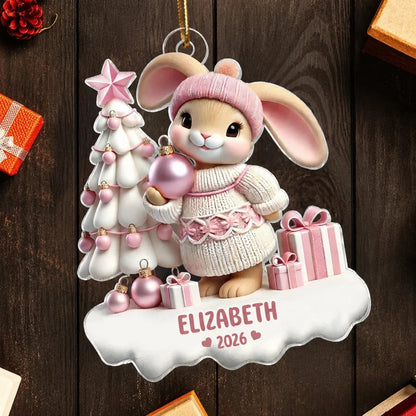 Personalized Acrylic Ornament, Pink Bunny Holding a Bauble by a Snowy Christmas Tree, Unique Gift for Kids