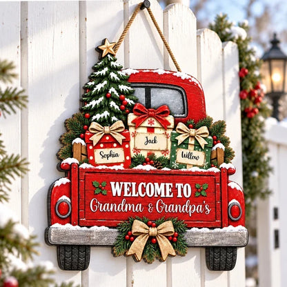 Personalized Wooden Sign with Snowy Red Christmas Truck, Unique Gift for Grandma & Grandpa
