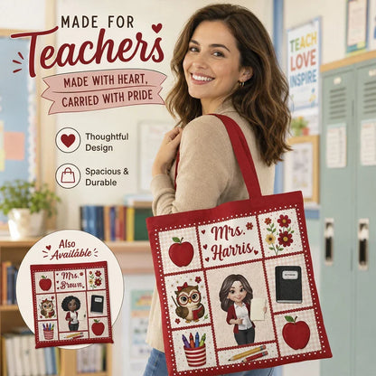 Personalized Teacher Tote Bag With Apple Classroom Art, Unique Gift For Teacher