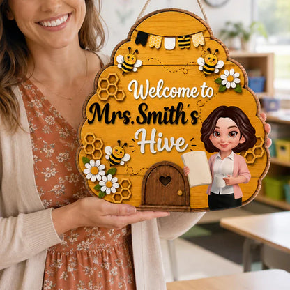 Personalized Wooden Sign with Teacher Holding a Book, Bee Hive Classroom Decor, Unique Back to School Gift