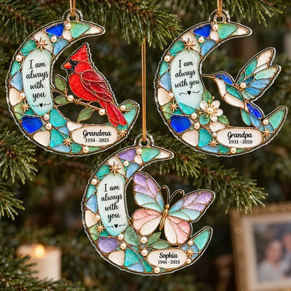 Always With You Moon & Cardinal Hummingbird Butterfly Symbol 2D Flat Printed - Personalized Acrylic Ornament - Memorial Sympathy Gift, Christmas Remembrance Keepsake