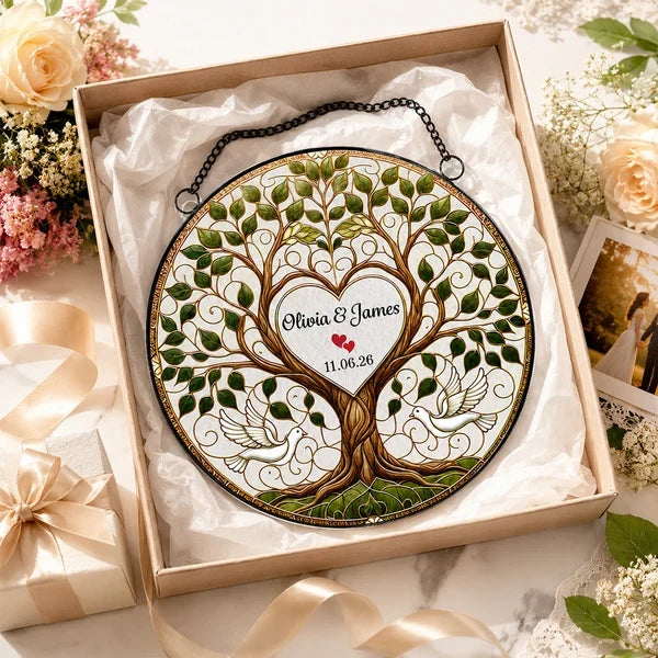 Personalized Acrylic Suncatcher Ornament, Flying Doves & Tree of Life, Unique Wedding Gift for Couples