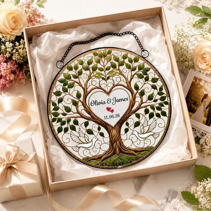 Personalized Acrylic Suncatcher Ornament, Flying Doves & Tree of Life, Unique Wedding Gift for Couples