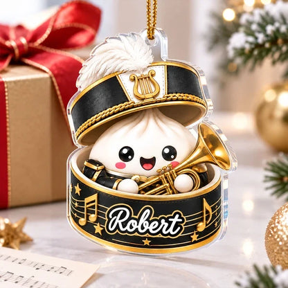 Personalized Acrylic Ornament, Blue and Gold Marching Band Dumpling Holding a Baton, Unique Gift for Band Kids