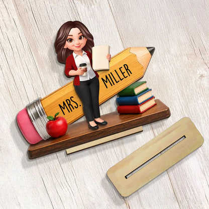 Personalized 2-Layer Wooden Plaque, Standing Teacher Pencil Design, Unique Gift for Classroom Desk