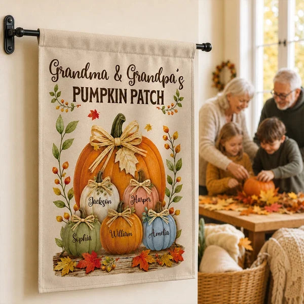 Personalized Garden Flag, Grandma & Grandpa's Pumpkin Patch in Warm Fall Colors, Creative Grandparents Gift