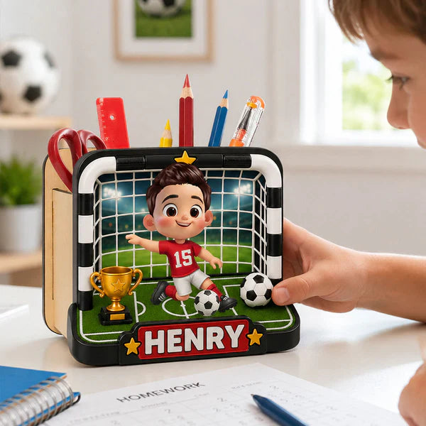 Personalized Wooden Pen Holder With Cute Soccer Kid, Unique Creative Gift For School Desk
