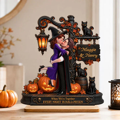 Personalized 2-Layer Wooden Plaque, Kissing Couple with Pumpkins & Black Cats, Creative Gift for Couple