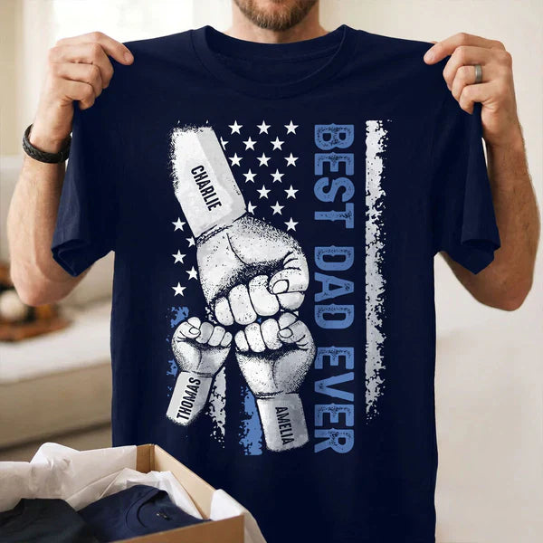 Personalized Classic Tee with Dad & Kids Fist Bump, Flag Style, Unique Gift for Dad
