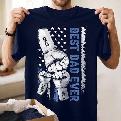 Personalized Classic Tee with Dad & Kids Fist Bump, Flag Style, Unique Gift for Dad