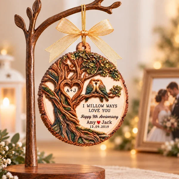 Personalized Wooden Ornament with Willow Tree and Paired Birds, Unique Anniversary Gift for Couples