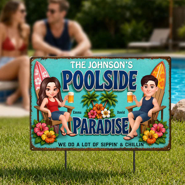 Rectangular Iron Sign, Custom Poolside Paradise With Lounging Couple, Unique Gift For Pool Lovers