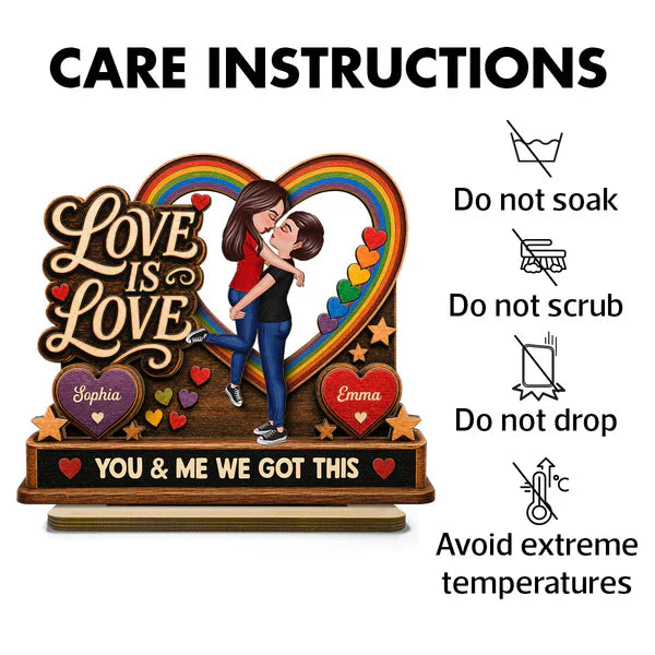 Personalized 2-Layer Wooden Plaque, Kissing LGBTQ Couple With Rainbow Heart, Unique Gift for Partner