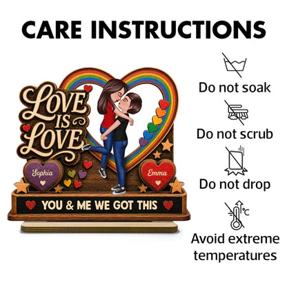 Personalized 2-Layer Wooden Plaque, Kissing LGBTQ Couple With Rainbow Heart, Unique Gift for Partner