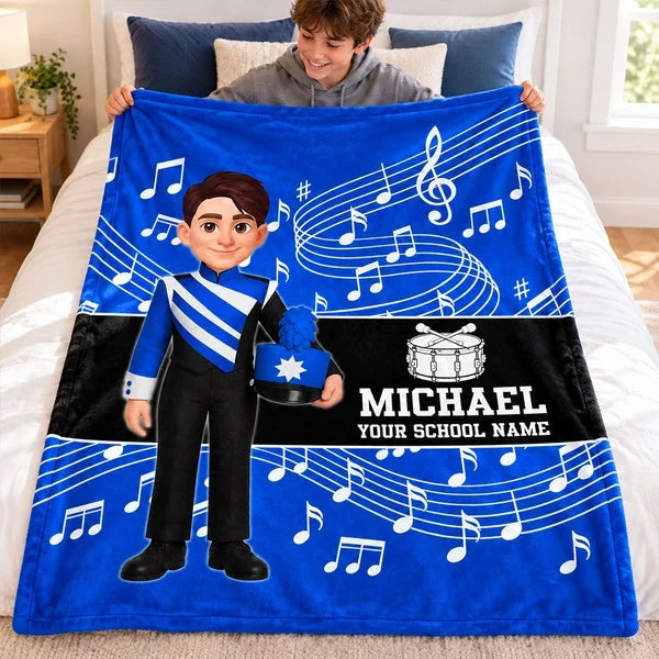 Personalized Fleece Blanket with Standing Marching Band Girl and Trumpet, Unique Gift for Music Students