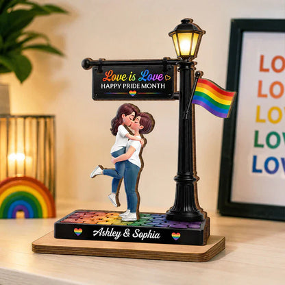 Personalized 2-Layer Wooden Plaque, Love Is Love Kissing Couple, Creative Gift for Same-Sex Partner