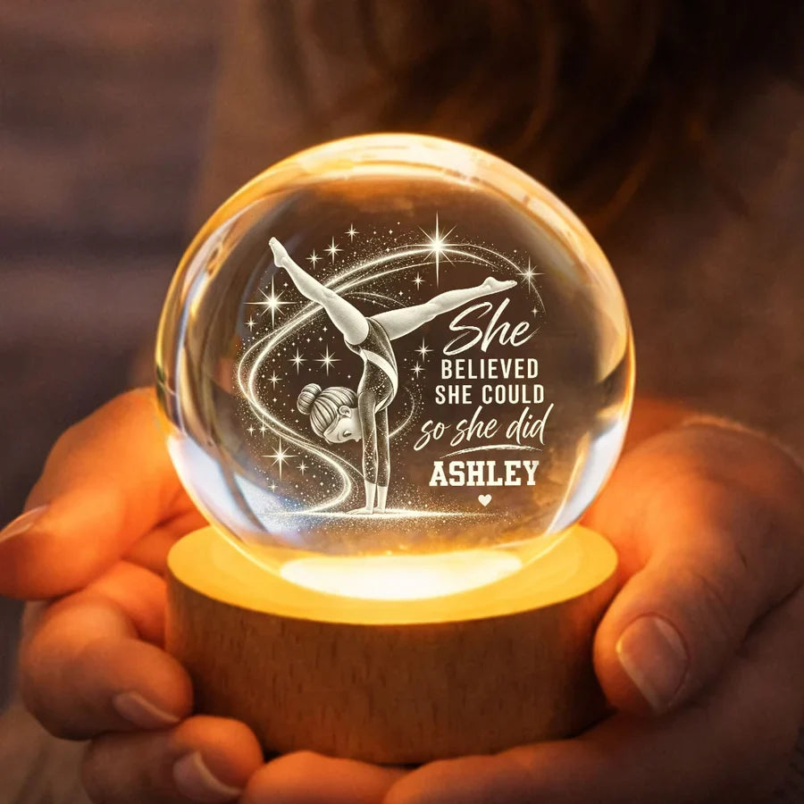 Personalized Globe Lamp with Handstand Gymnast, Warm Amber Unique Gift for Young Gymnast