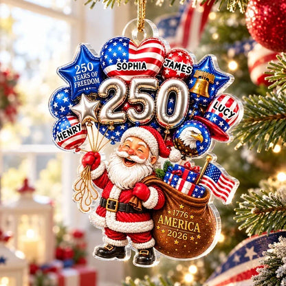 Personalized Acrylic Ornament, Santa Holding Patriotic Balloons on a Tree, Unique Christmas Gift for Family