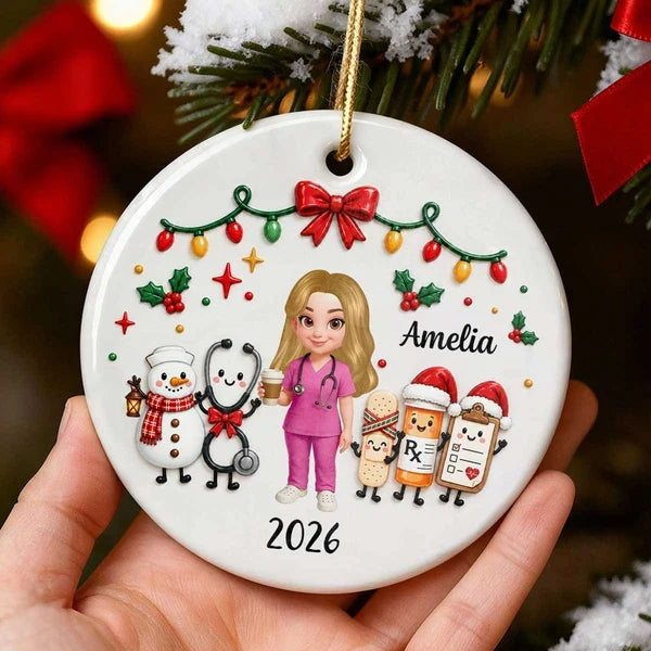 Personalized Ceramic Ornament with Nurse Holding Coffee and Medical Icons, Unique Creative Gift for Nurses