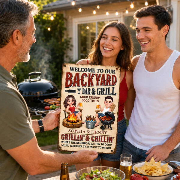 Personalized Backyard Bar & Grill Iron Sign, Sitting Couple in Sunlit Yard, Unique Gift for Couple