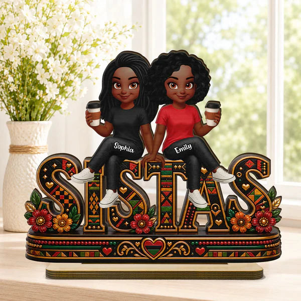 Personalized 2-Layer Wooden Plaque, Sistas Cartoon Display With Coffee Cups, Unique Sister Gift