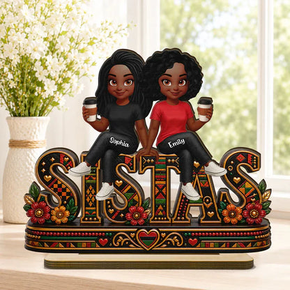 Personalized 2-Layer Wooden Plaque, Sistas Cartoon Display With Coffee Cups, Unique Sister Gift