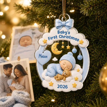 Personalized Acrylic Ornament, Sleeping Baby Moon & Stars, Unique First Christmas Gift for New Parents