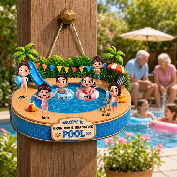 Personalized Wooden Sign with Kids Playing at Pool, Unique Gift for Grandparents, Tropical Door Decor