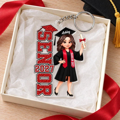Personalized Acrylic Keychain, Red and Black Cartoon Graduate Holding Diploma, Unique Graduation Gift for Her