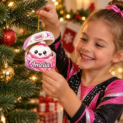Personalized Acrylic Ornament, Cute Gymnastics Dumpling in Pink Case, Unique Christmas Gift for Gymnast