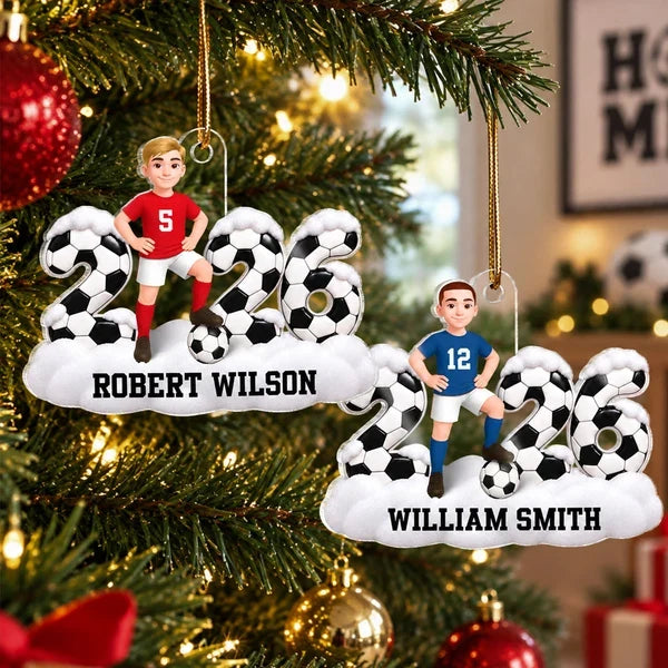 Personalized Acrylic Ornament, Cartoon Soccer Player Posing with Ball, Unique Christmas Gift for Son