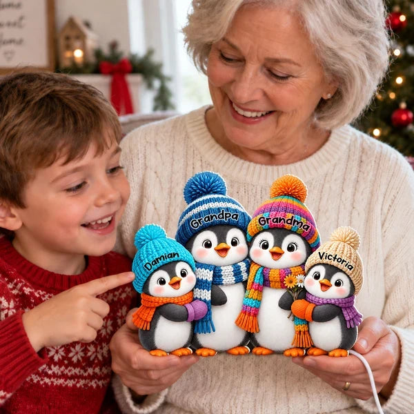 Personalized Acrylic Light Box, Cute Penguin Family in a Cozy Christmas Room, Unique Gift for Grandparents