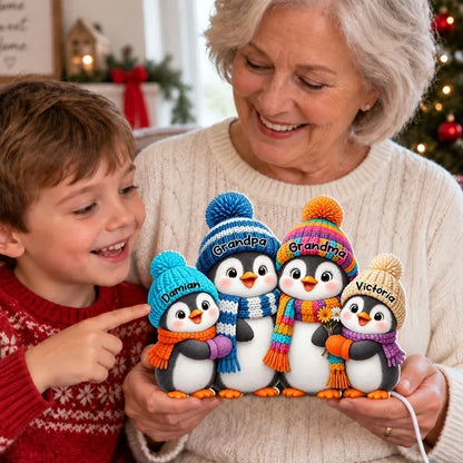 Personalized Acrylic Light Box, Cute Penguin Family in a Cozy Christmas Room, Unique Gift for Grandparents