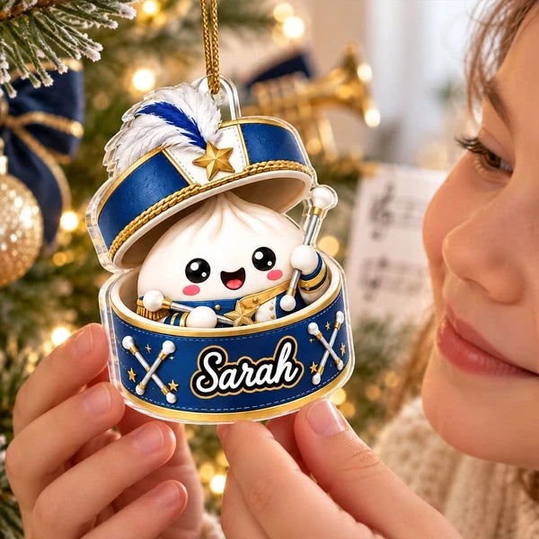 Personalized Acrylic Ornament, Blue and Gold Marching Band Dumpling Holding a Baton, Unique Gift for Band Kids