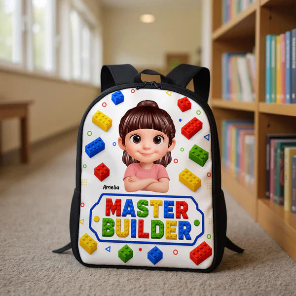 Personalized Kids School Backpack With Smiling Cartoon Child & Colorful Block Art, Creative Gift for Boys & Girls