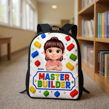 Personalized Kids School Backpack With Smiling Cartoon Child & Colorful Block Art, Creative Gift for Boys & Girls