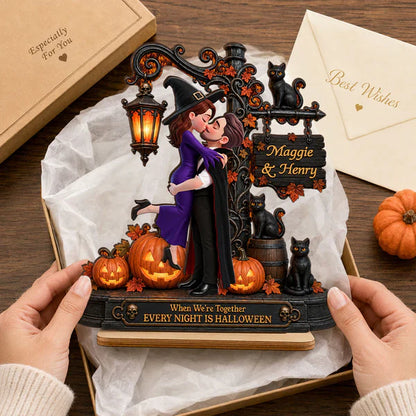 Personalized 2-Layer Wooden Plaque, Kissing Couple with Pumpkins & Black Cats, Creative Gift for Couple
