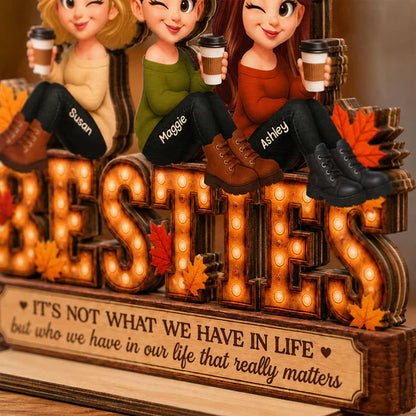 Personalized 2-Layer Wooden Plaque, Fall Besties Cartoon Coffee Scene, Unique Gift for Sister or Friend