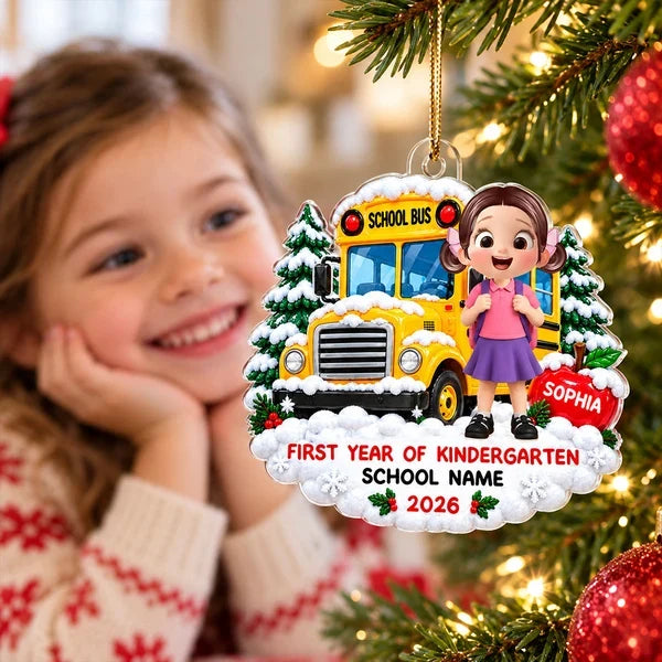 Personalized Acrylic Ornament, Child by Snowy School Bus, Unique Christmas Gift for Kindergarten Kids