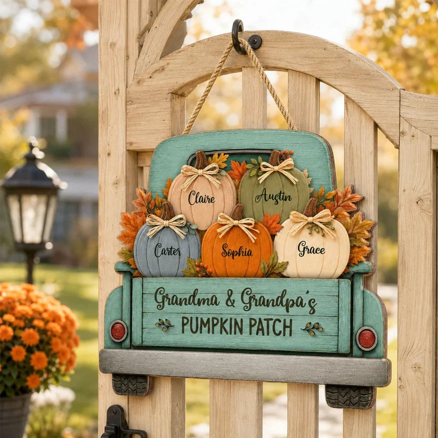 Personalized Wooden Sign with Vintage Pumpkin Truck & Autumn Leaves, Heartwarming Decor, Creative Gift for Grandparents