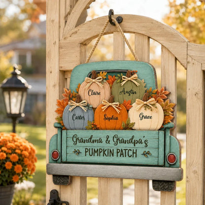 Personalized Wooden Sign with Vintage Pumpkin Truck & Autumn Leaves, Heartwarming Decor, Creative Gift for Grandparents