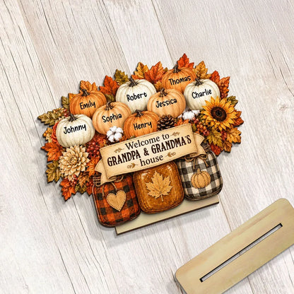 Personalized 2-Layer Wooden Plaque, Autumn Pumpkins & Mason Jars, Unique Gift for Grandparents