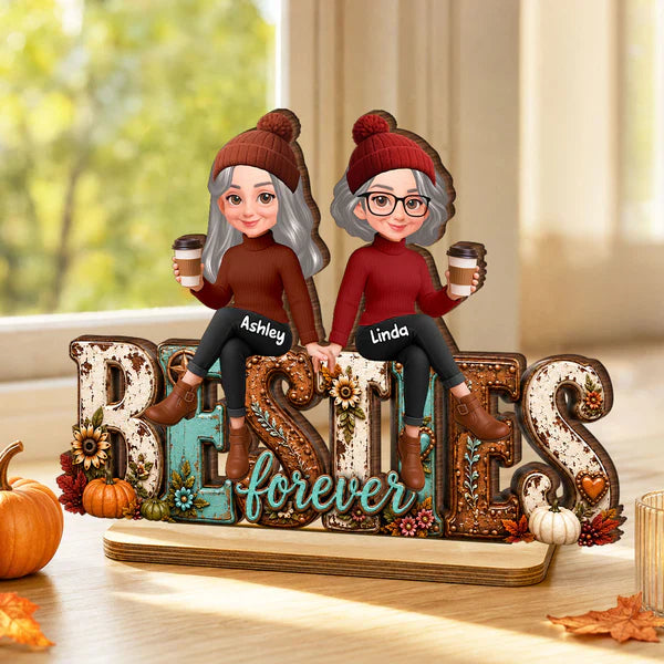 Unique Personalized 2-Layer Wooden Plaque, Cozy Fall Besties Forever Gift for Friends Holding Coffee