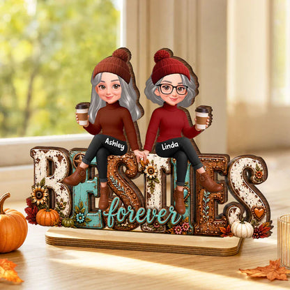 Unique Personalized 2-Layer Wooden Plaque, Cozy Fall Besties Forever Gift for Friends Holding Coffee